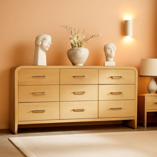 SolidOak Curved Nine Drawer Dresser SixtyThreeInches