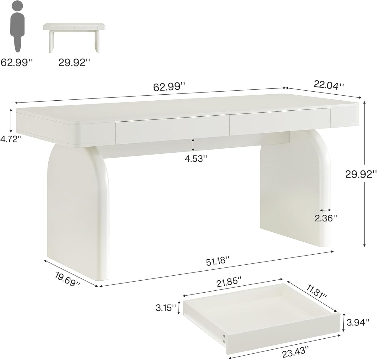 63 Inch White Desk With Drawers Modern Office Desk