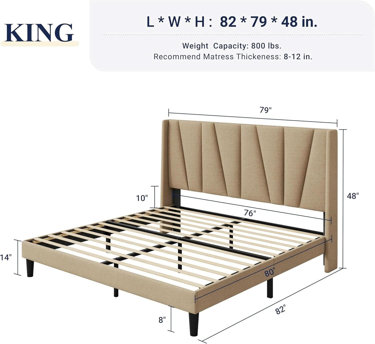 King Size Upholstered Bed Frame Beige Geometric Headboard