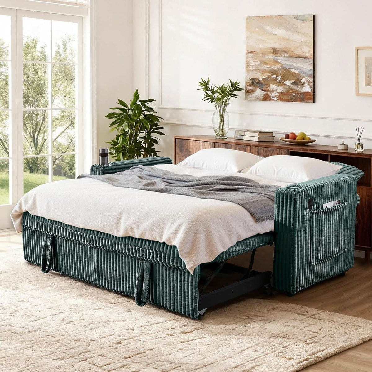 65Inch Sleeper Sofa Bed CorduroyFabric Emerald Green-2