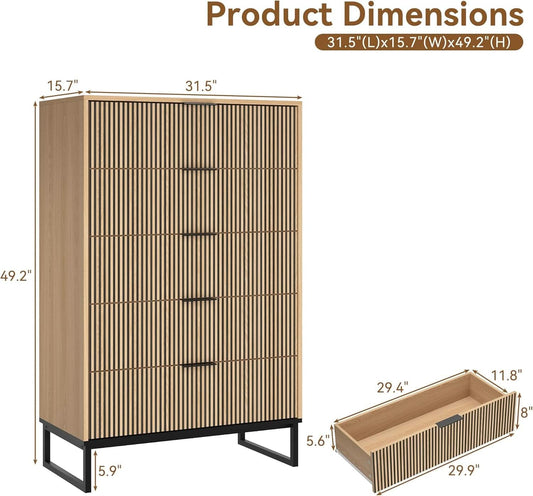 49.2 Inch Tall Five Drawer MatteNaturalFinish Dresser
