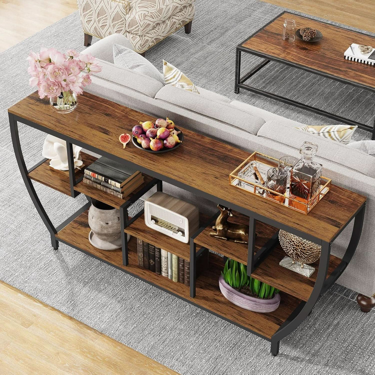 70.9 Inch Rustic Industrial Sofa Table Storage Shelves