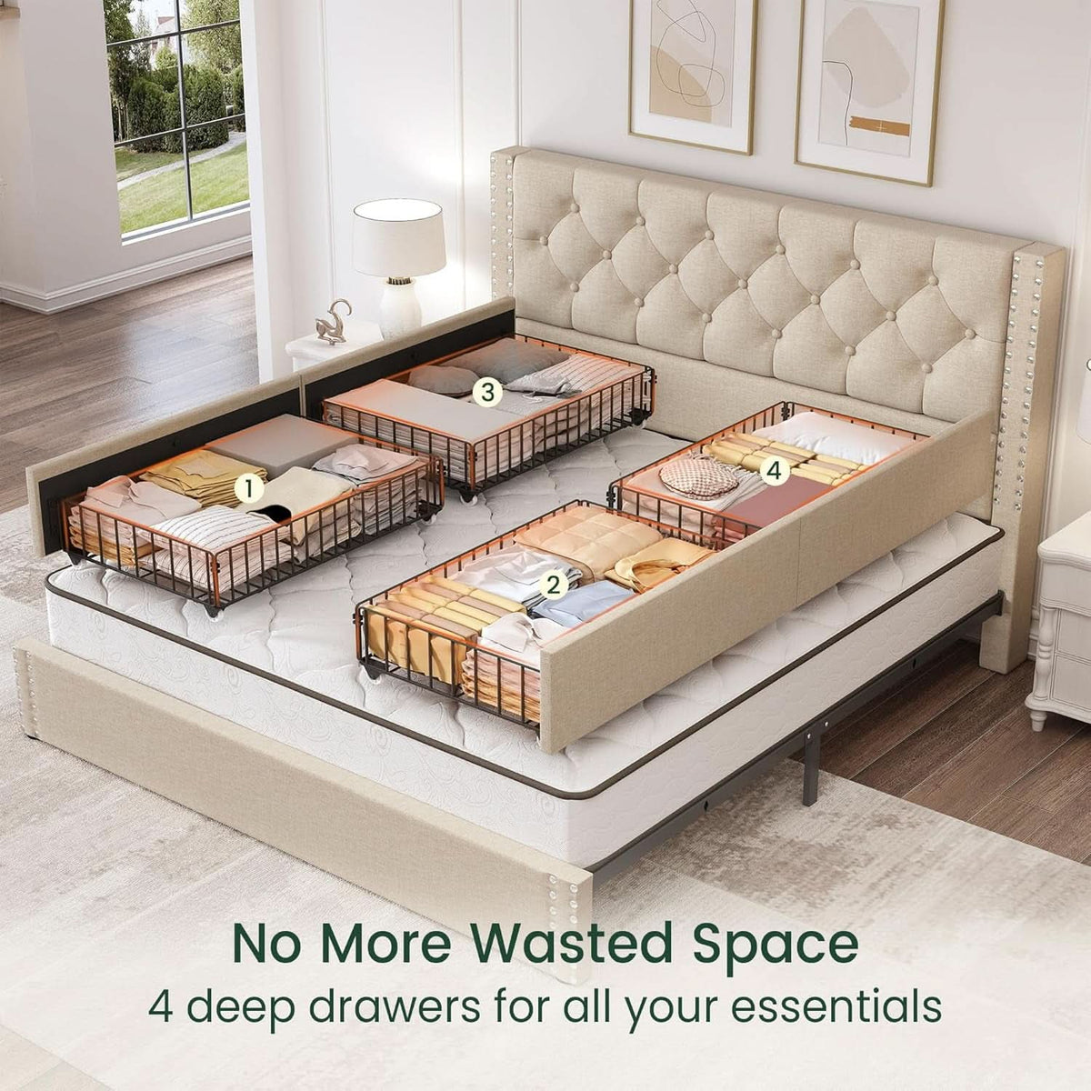 Queen Bed Frame Beige Linen Upholstered Storage Drawers