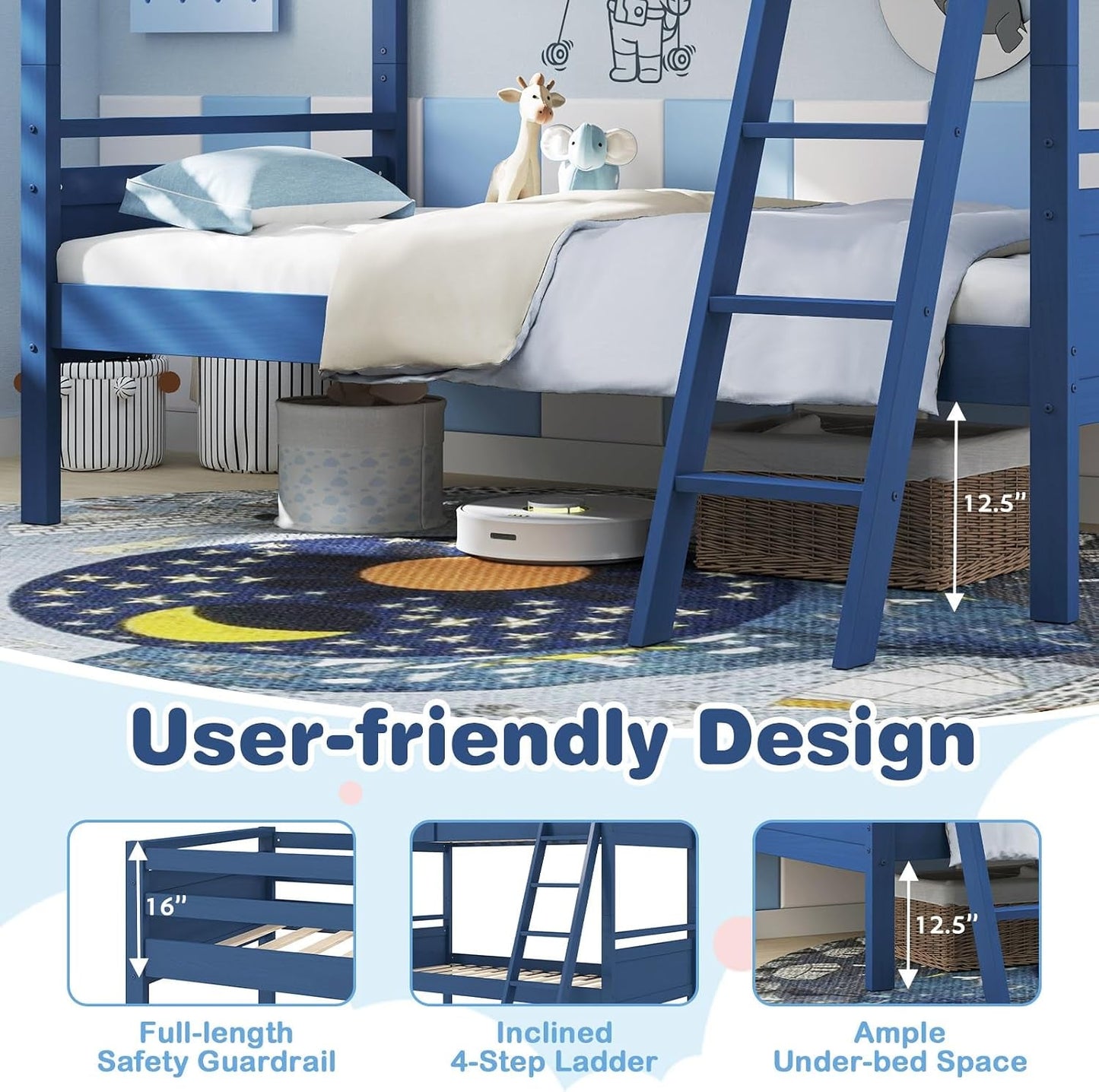 Navy Blue Convertible Twin Over Twin Bunk Bed For Kids