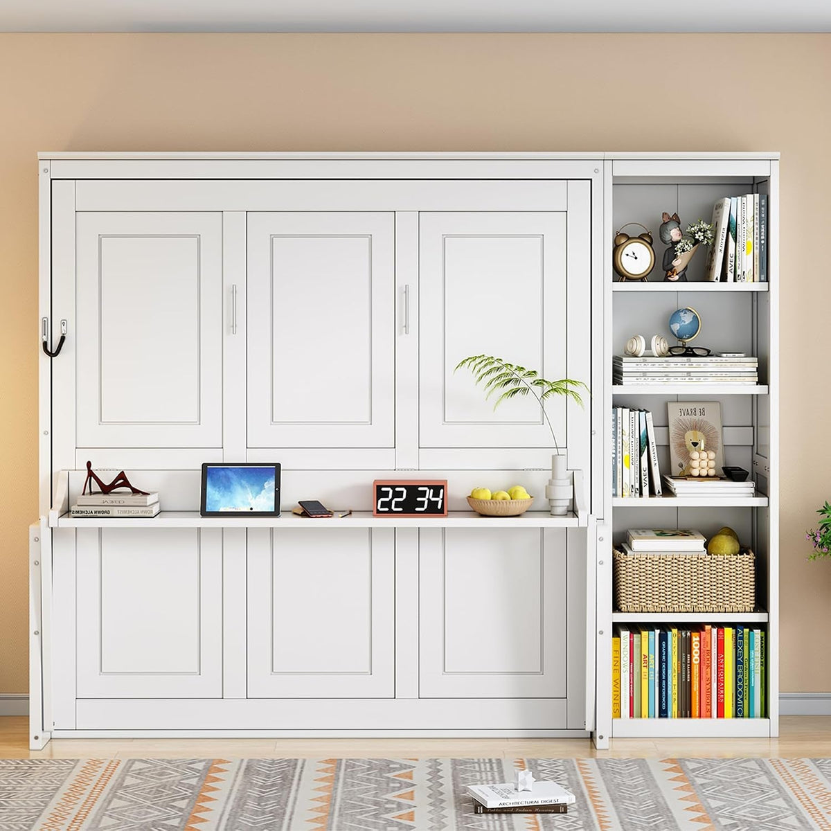 Queen Murphy Desk Bed White With Integrated Shelving-2
