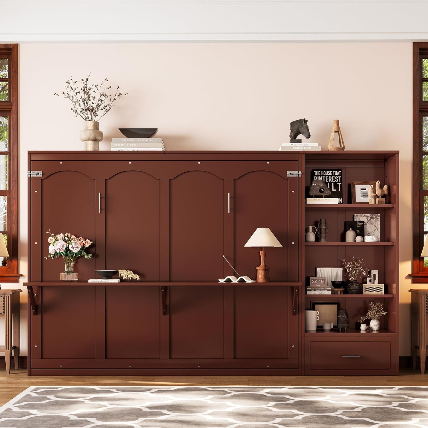 Queen Horizontal Murphy Bed With Desk Walnut Finish-2