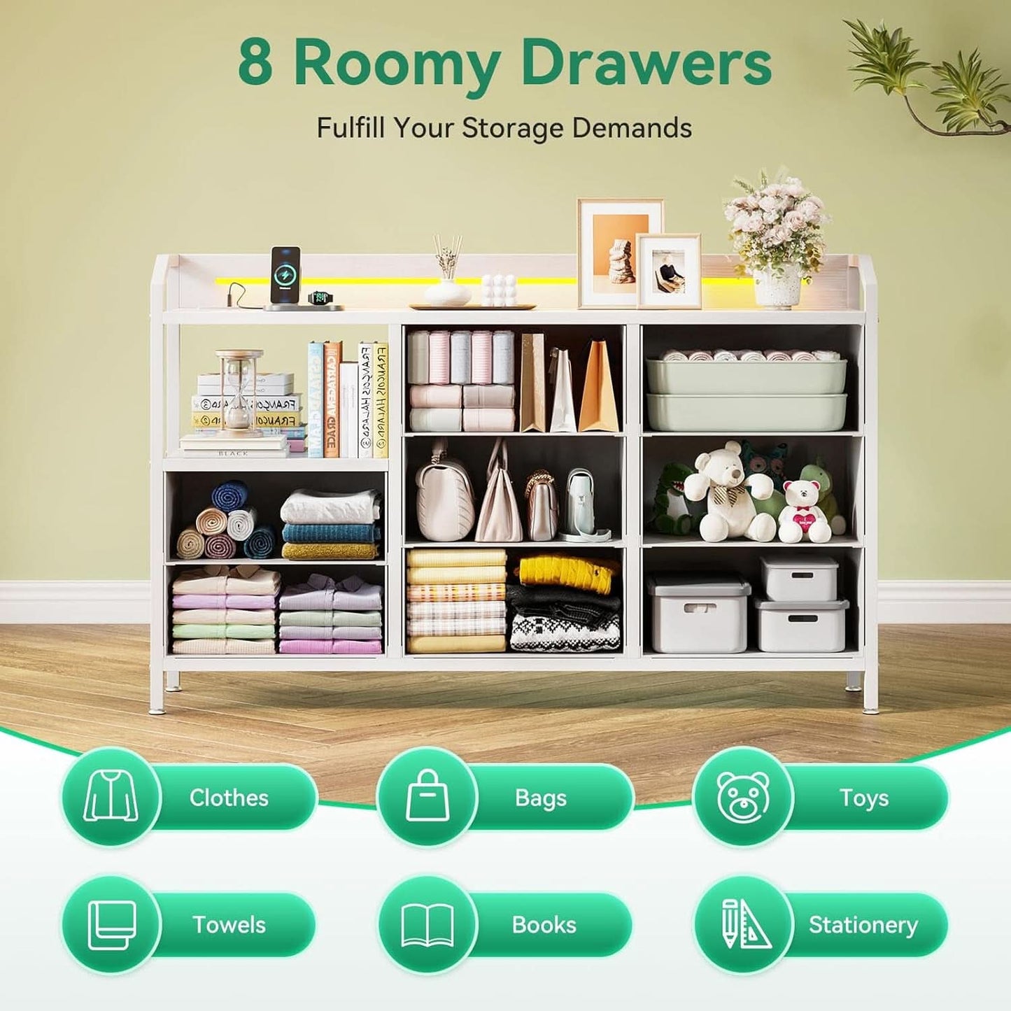 White Dresser With Customizable LED Lighting Outlet