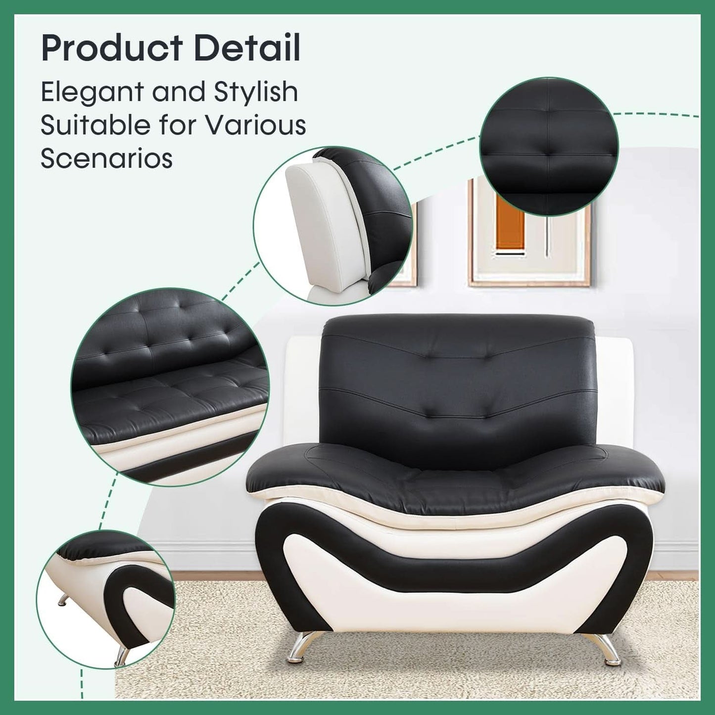 Leather Sofa Set 3 Piece Living Room Furniture In Black And White