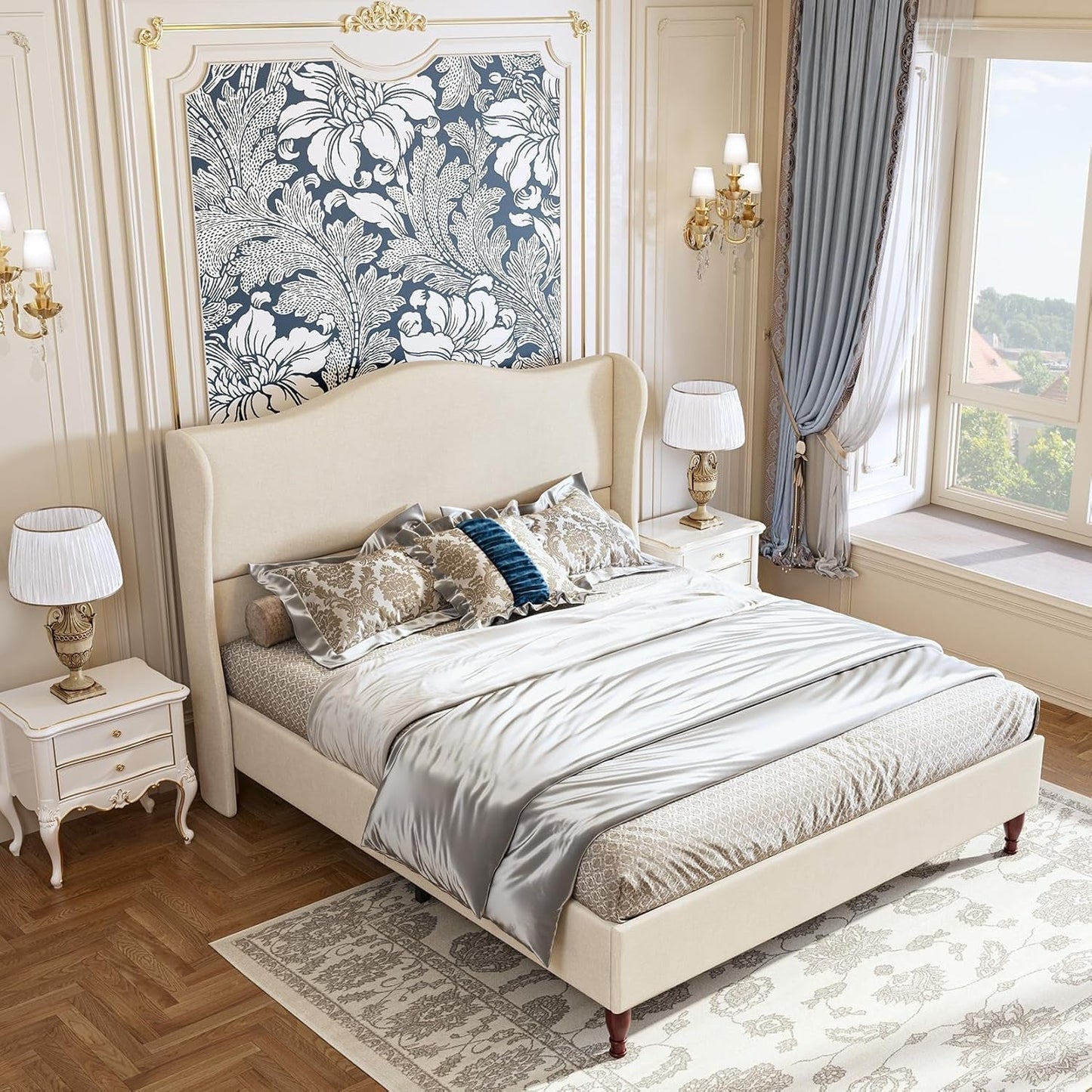 Queen Size Upholstered Platform Bed Beige Wing back