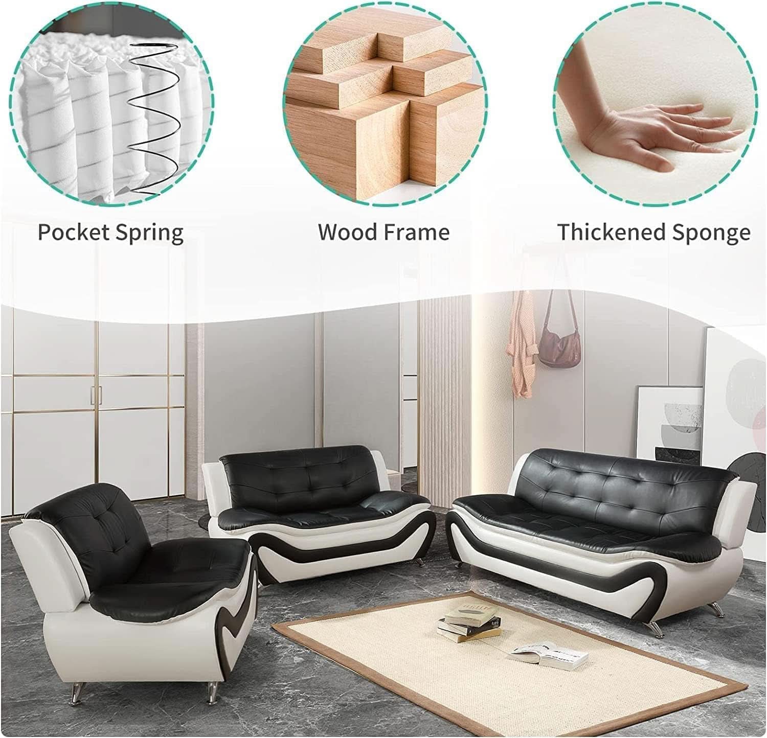 Vegan Leather Sofa Set 3 Piece Living Room Furniture White and Black-3