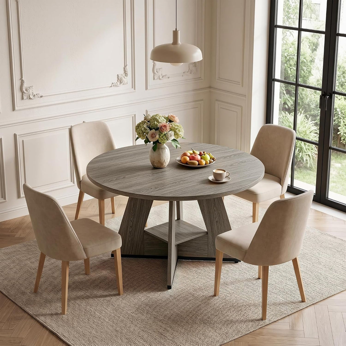 Round Extendable Dining Table Concealed Storage Shelf
