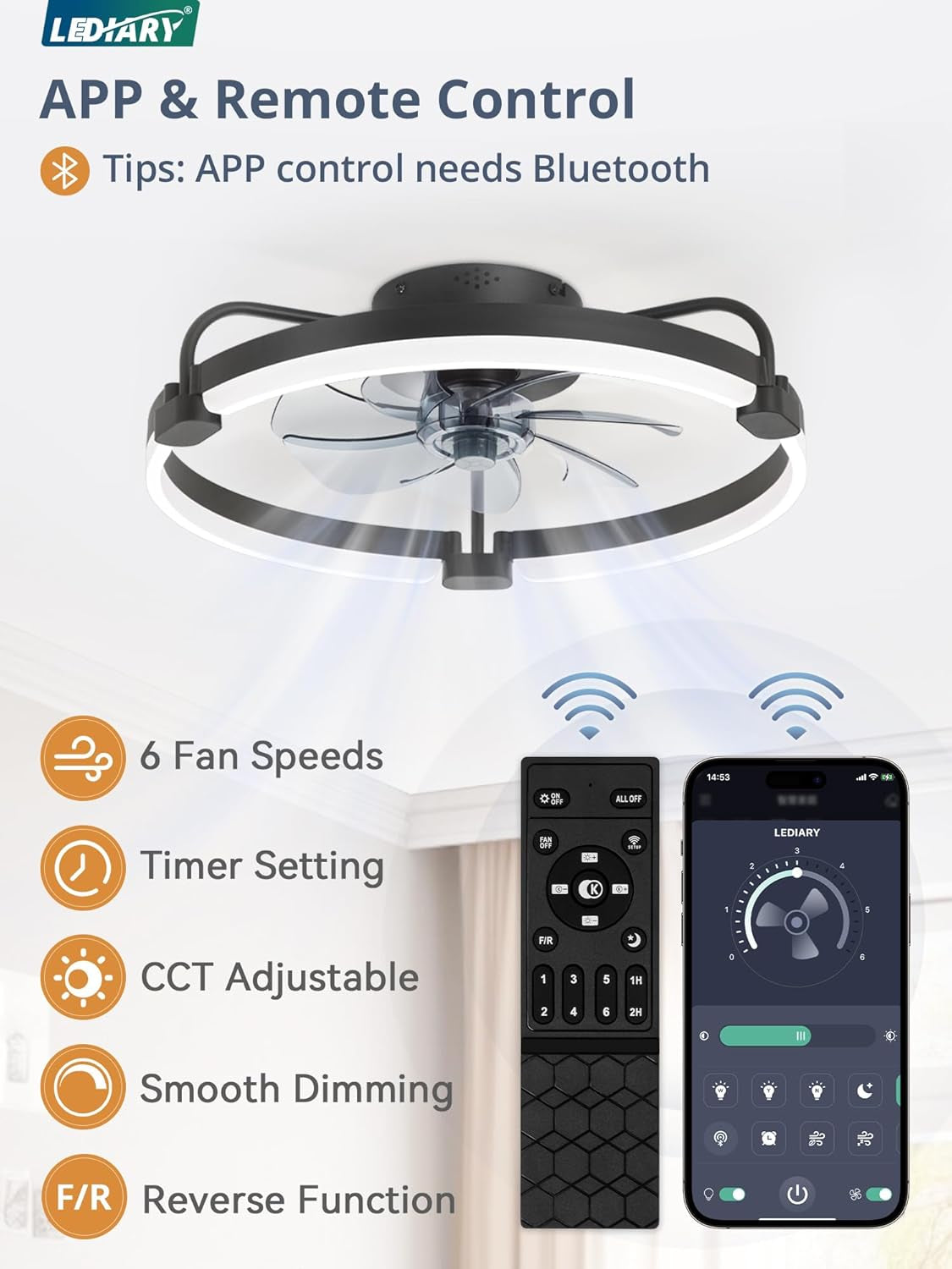 20 Inch Black Remote Controlled LED Light Ceiling Fan