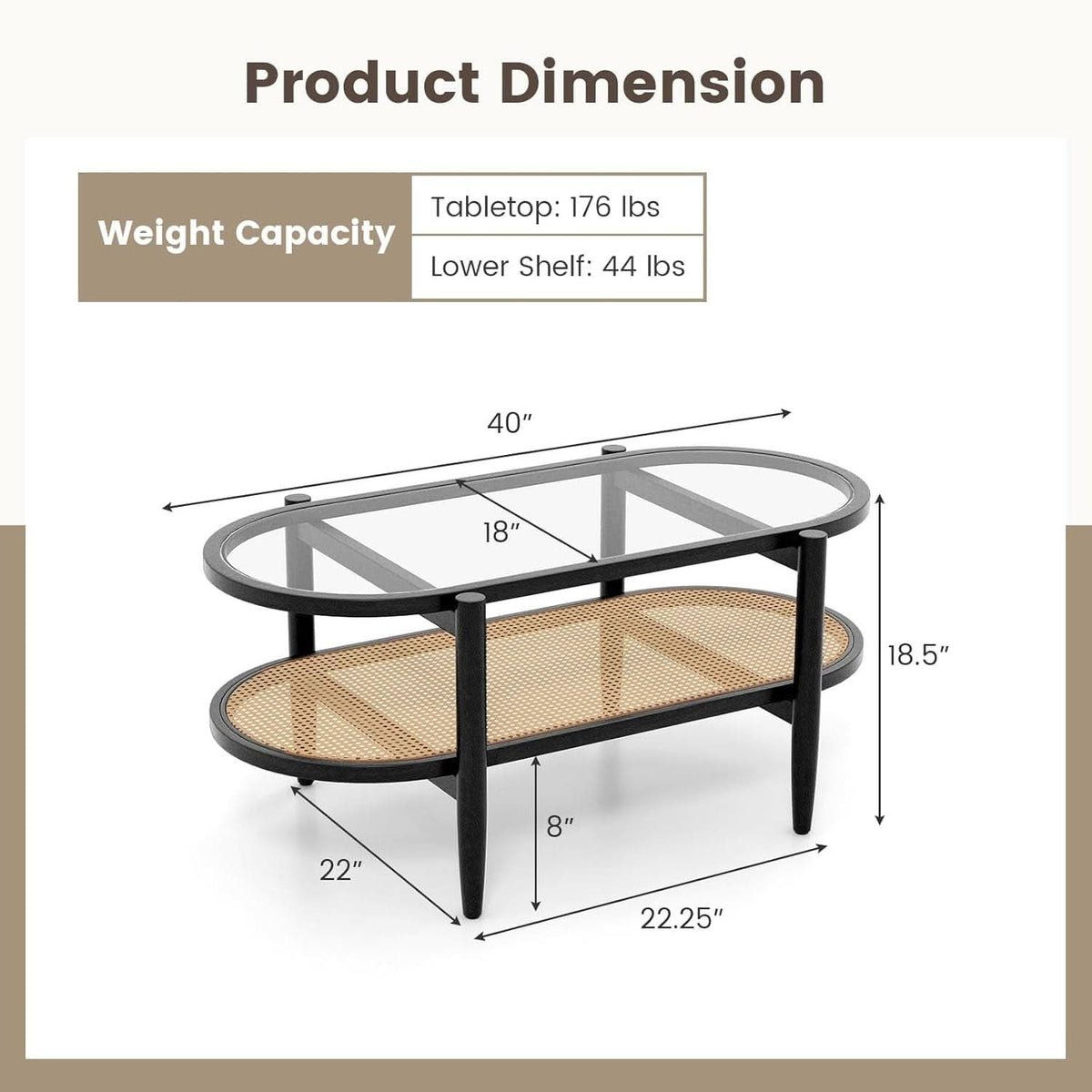 Rattan Coffee Table 40 Inch Premium Acacia Wood Finish