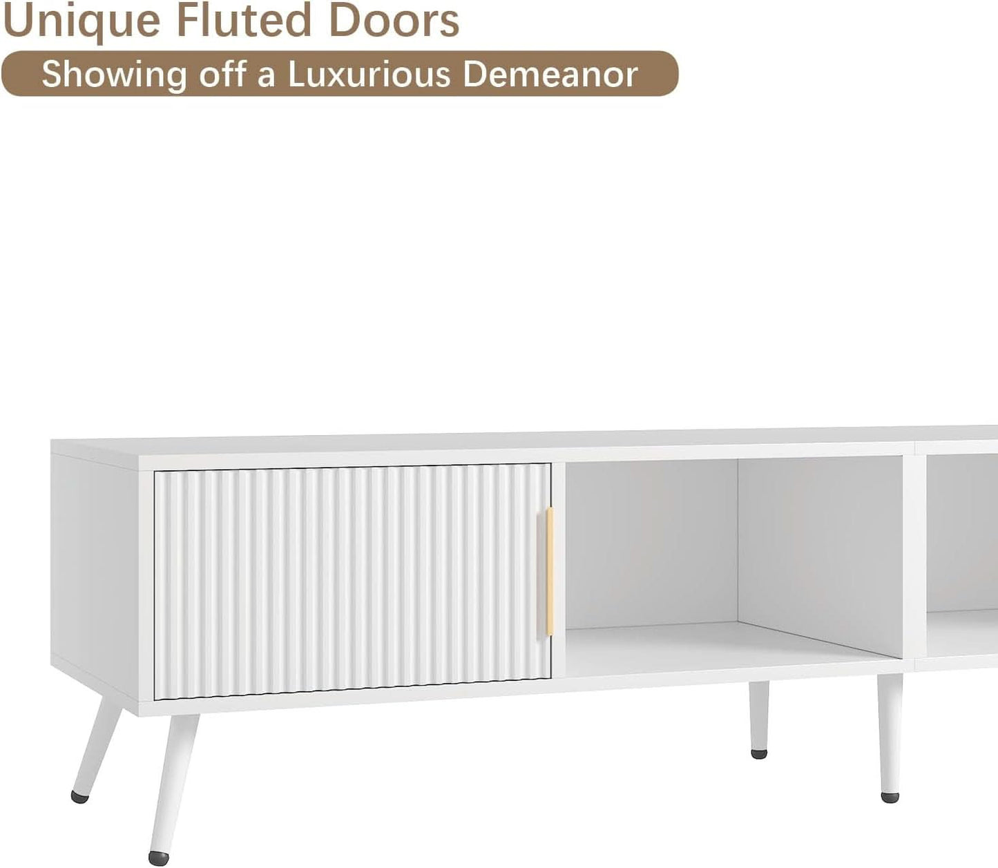 White Fluted TV Stand With Integrated Storage Cabinet