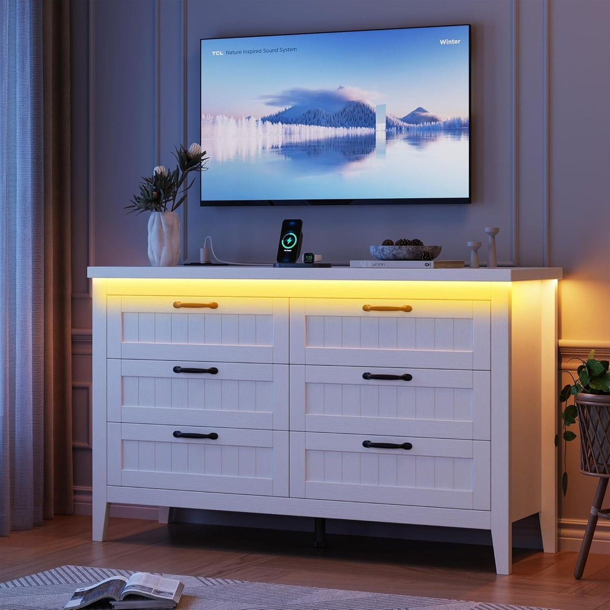 White Slim Modern Six Drawer Dresser With USB Charging-4