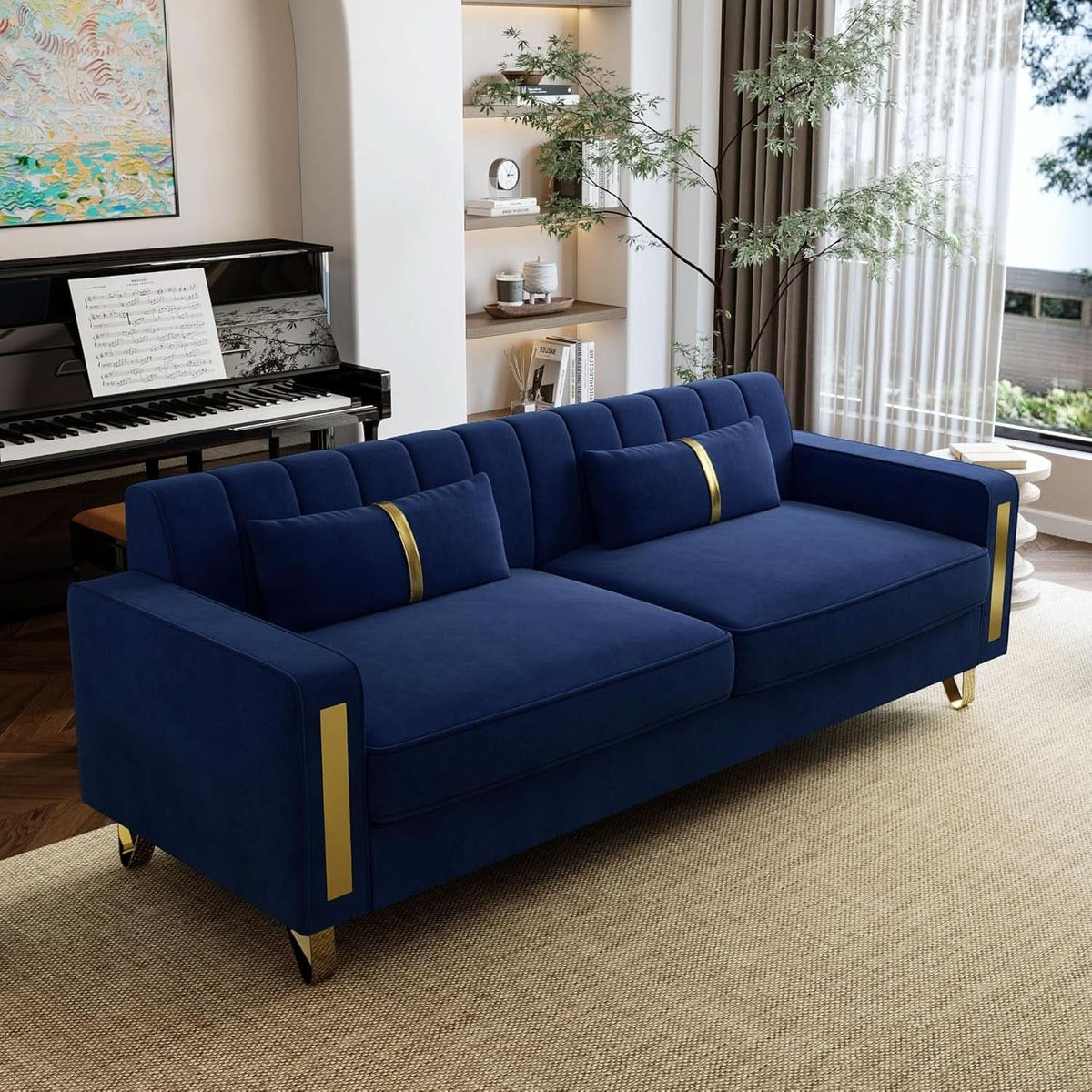 2 Piece Velvet Loveseat Sofa Set For Living Room 86 Inch Blue With Gold Metal Legs And 4 Pillows-4