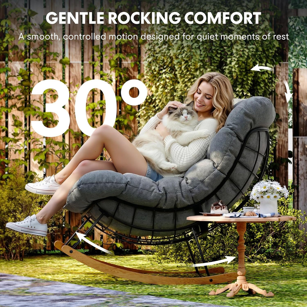 Grey Oversized Rocking Lounge Chair Cushioned Seat