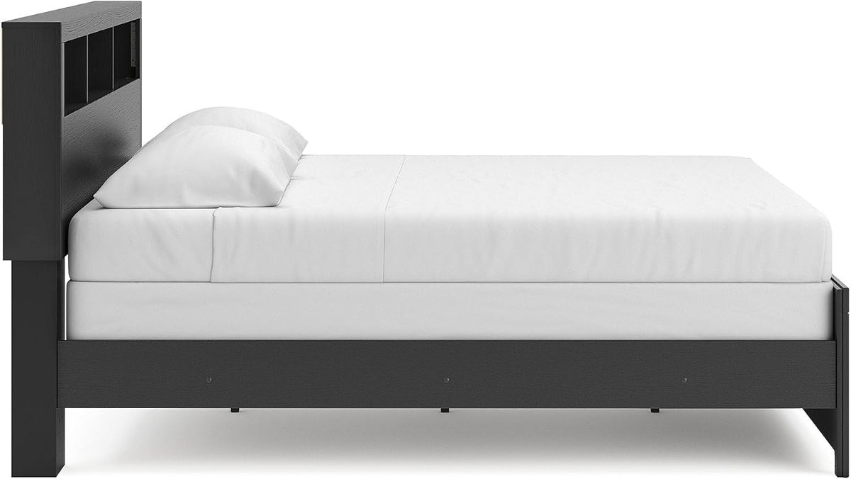 King Bed Frame With Bookcase Headboard Warm Gray Matte Black
