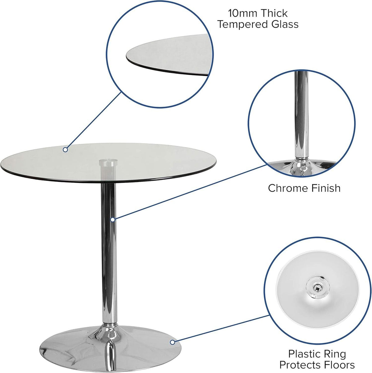 31.5 Inch Tempered Glass-Glass Dining Table Chromed Base