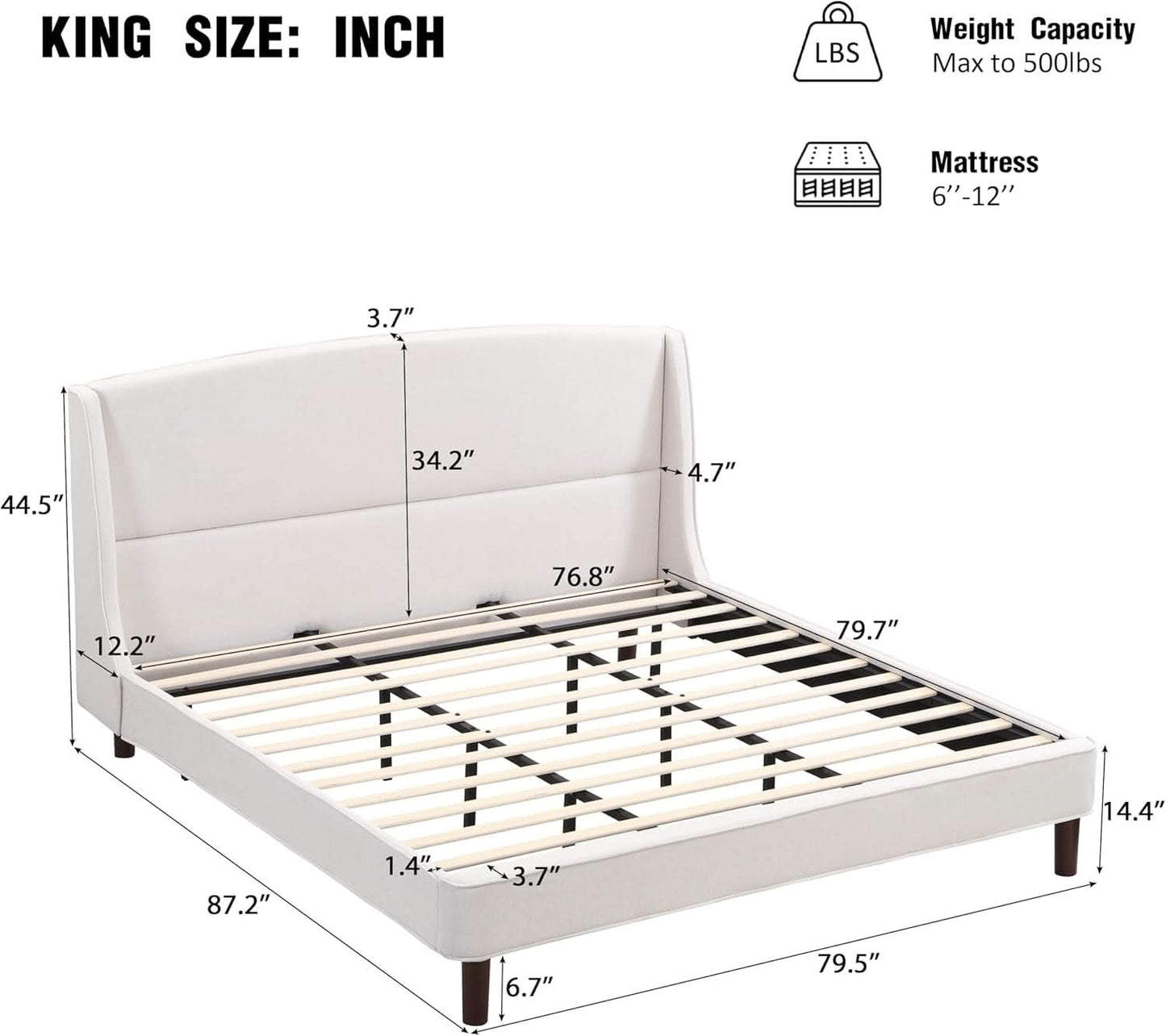 King Size Beige Upholstered Wing back Platform Bedframe