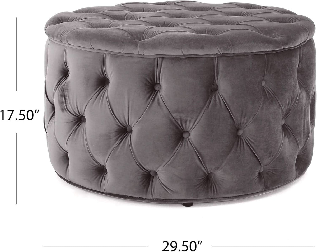 Grey Velvet Button Tufted Diamondlike Stitch Ottoman