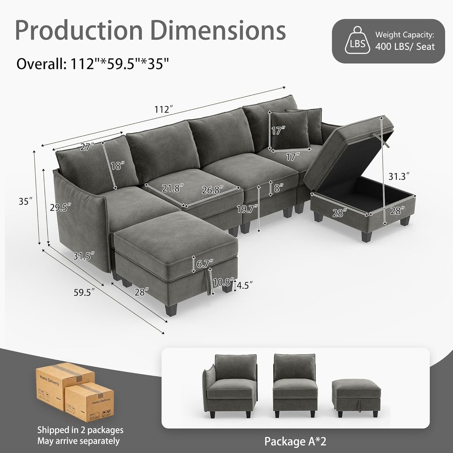 Charcoal Grey Luxurious Modular U Shaped Sectional