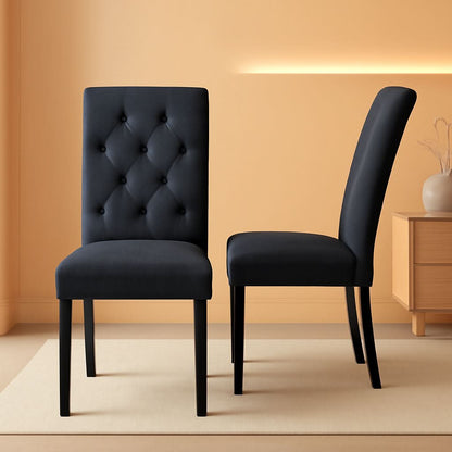 Two Upholstered Fabric Dining Chairs Button Tufting Black