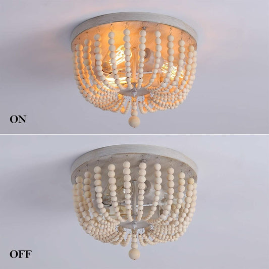 Wood Beaded Chandelier 3 Lights Oak White Ceiling Fixture