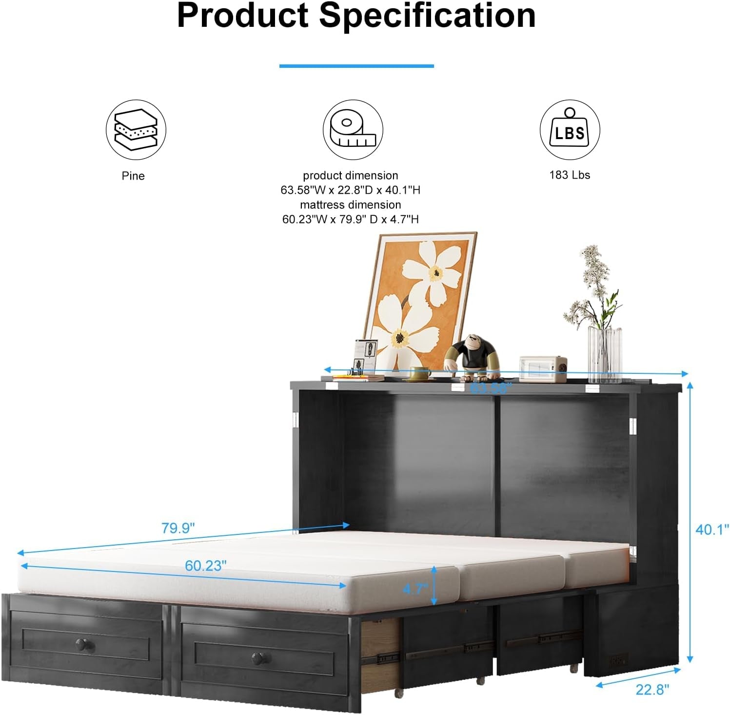 Queen Murphy Cabinet Bed Premium Mattress Included-1