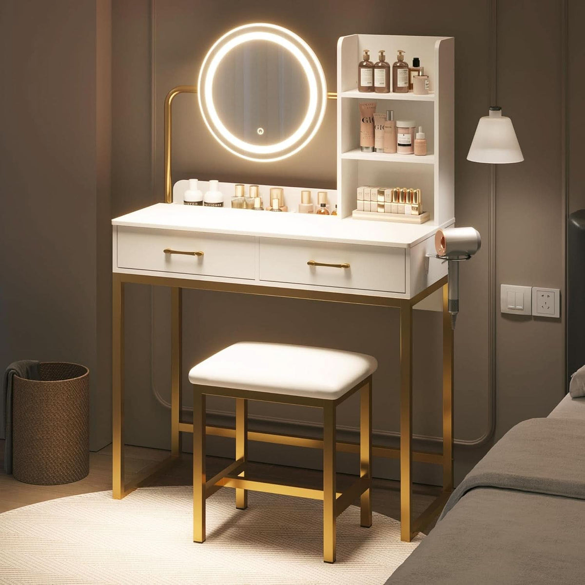 White Gold Vanity Console Table With Illuminated Mirror