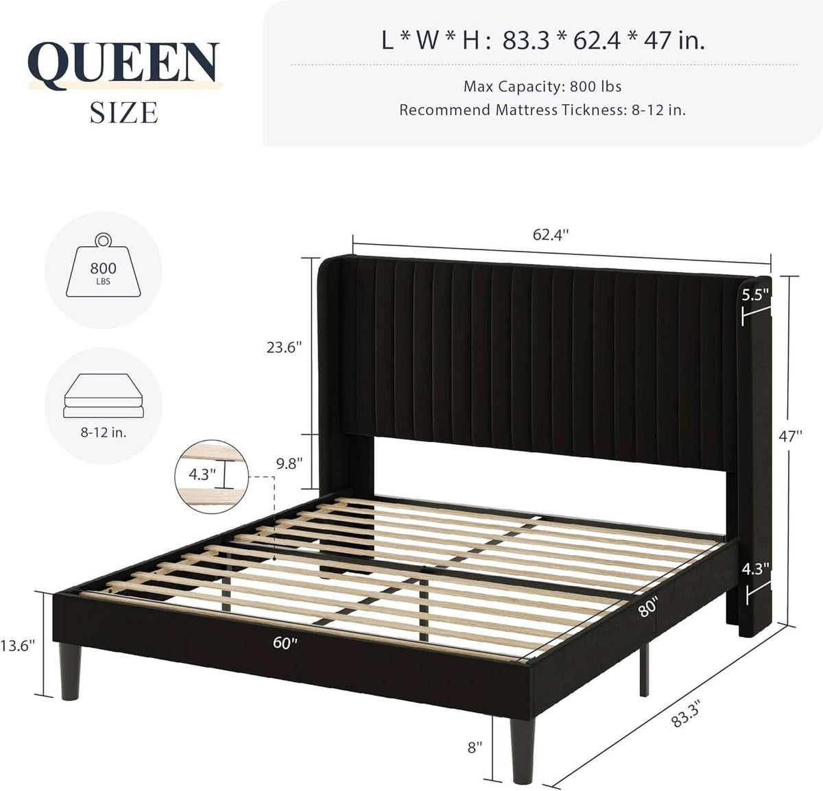 Queen Size Velvet Bed Frame With Wingback Headboard Storage