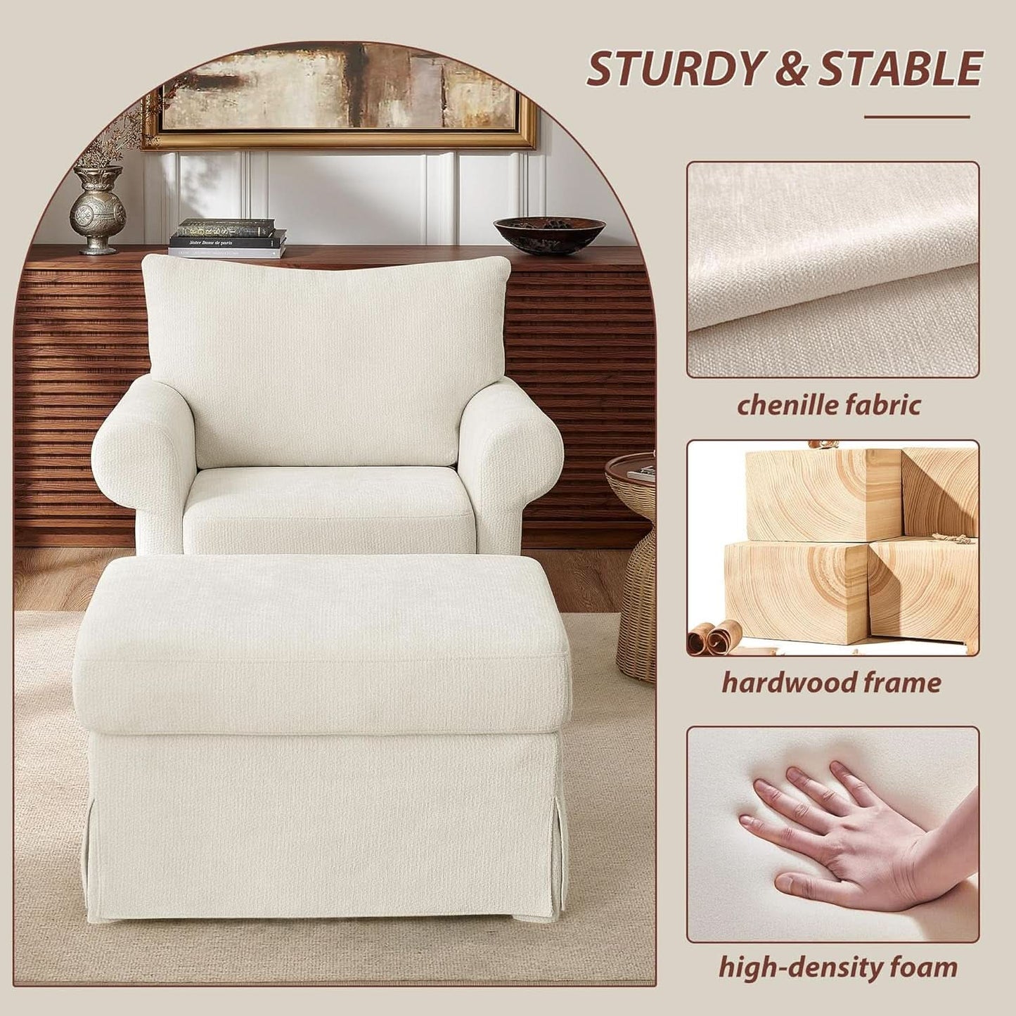 Beige Chenille Contemporary Ottoman Reading Chair Set