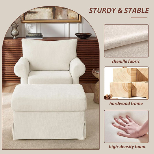 Beige Chenille Contemporary Ottoman Reading Chair Set
