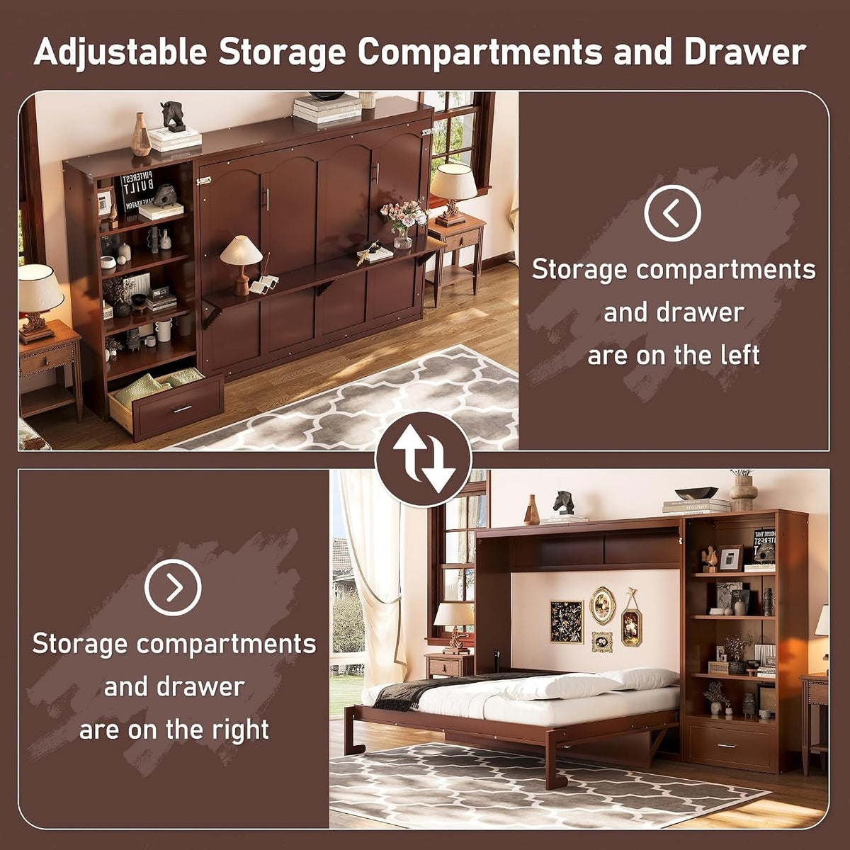 Queen Horizontal Murphy Bed With Desk Walnut Finish-3