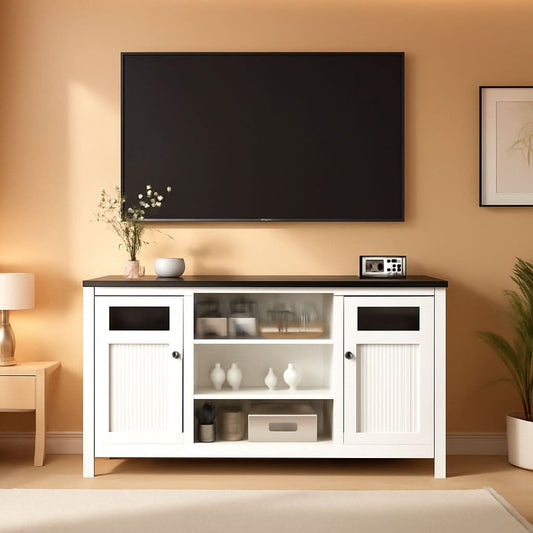White TV Stand 63 Inch Modern Hidden Storage Console