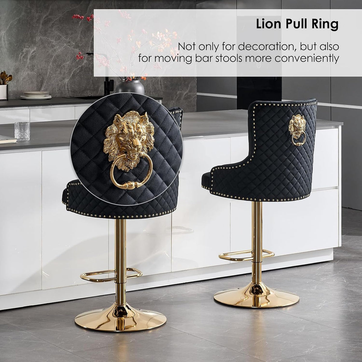 Black Velvet Swivel Bar Stools With Gold Lion Pull Ring