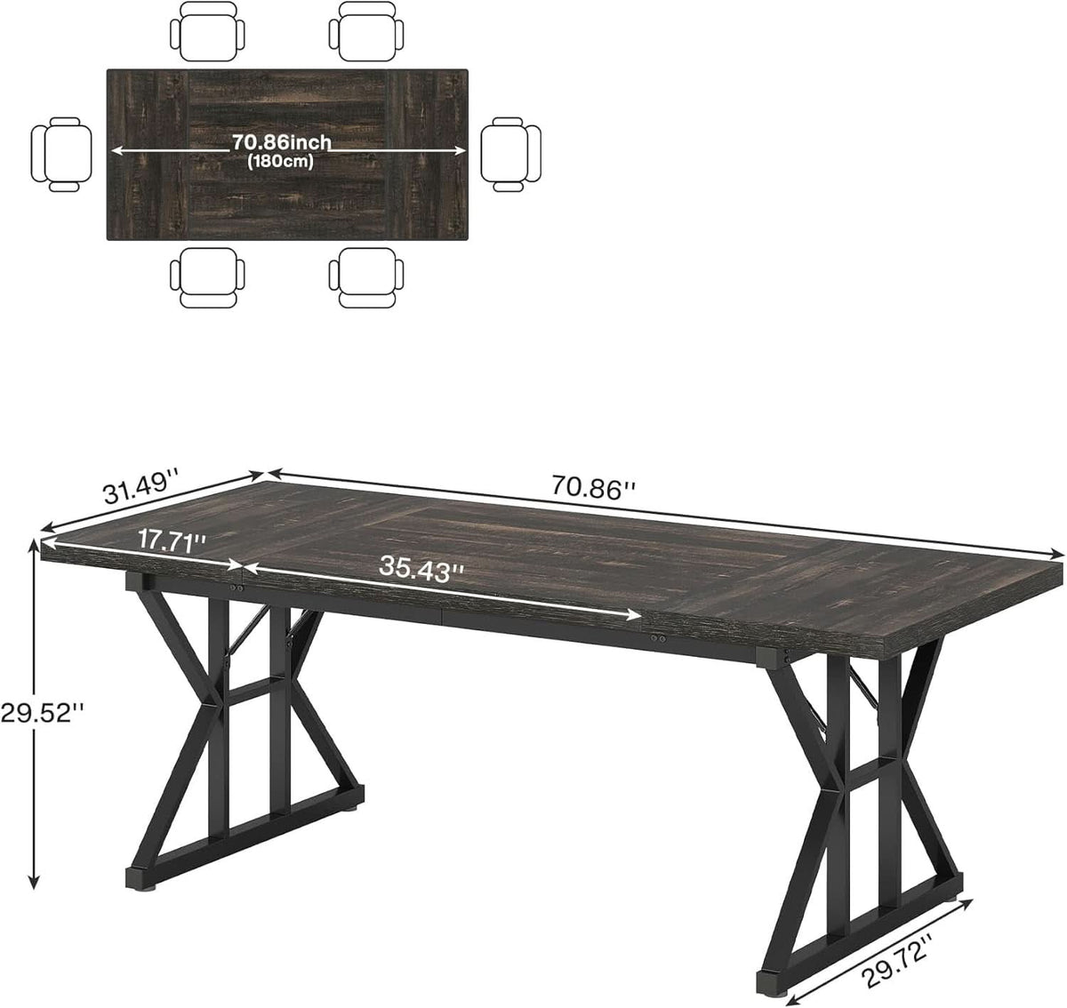 Farmhouse Dining Table 70.8 Inch Heavy Duty Metal Legs