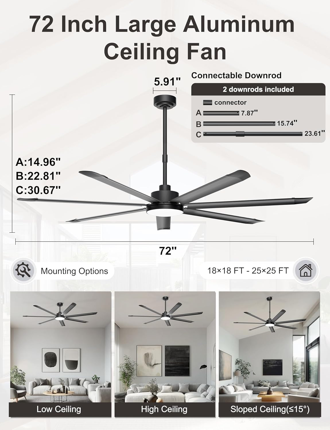 72Inch Industrial Ceiling Fan With Dimmable Lights