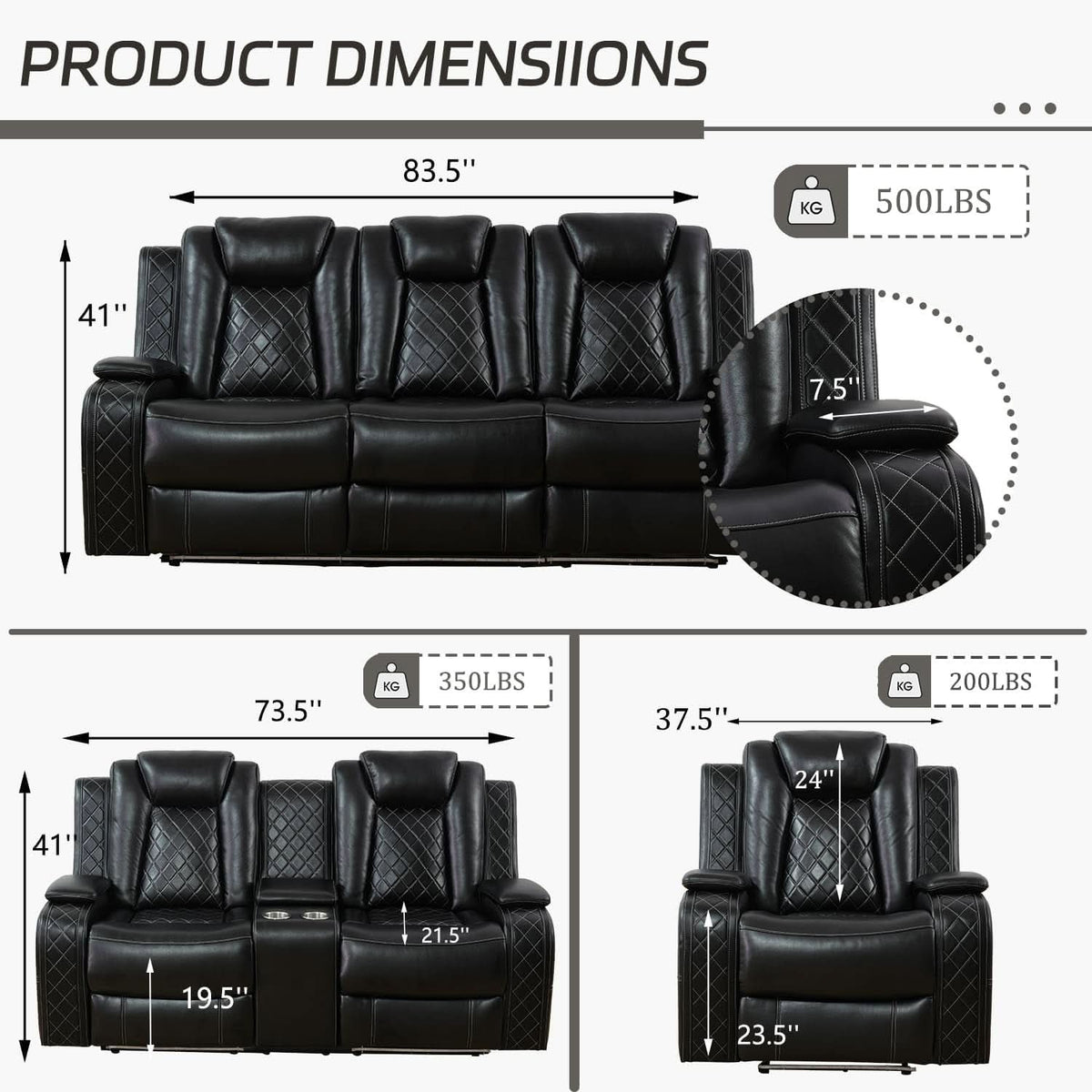 Leather Power Recliner Sofa Set With LED USB Ports Black