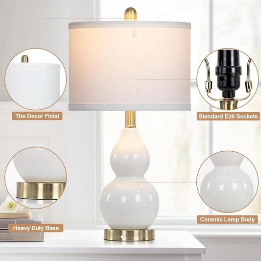 Double Gourd Ceramic Night stand Lamps White Linen Shade