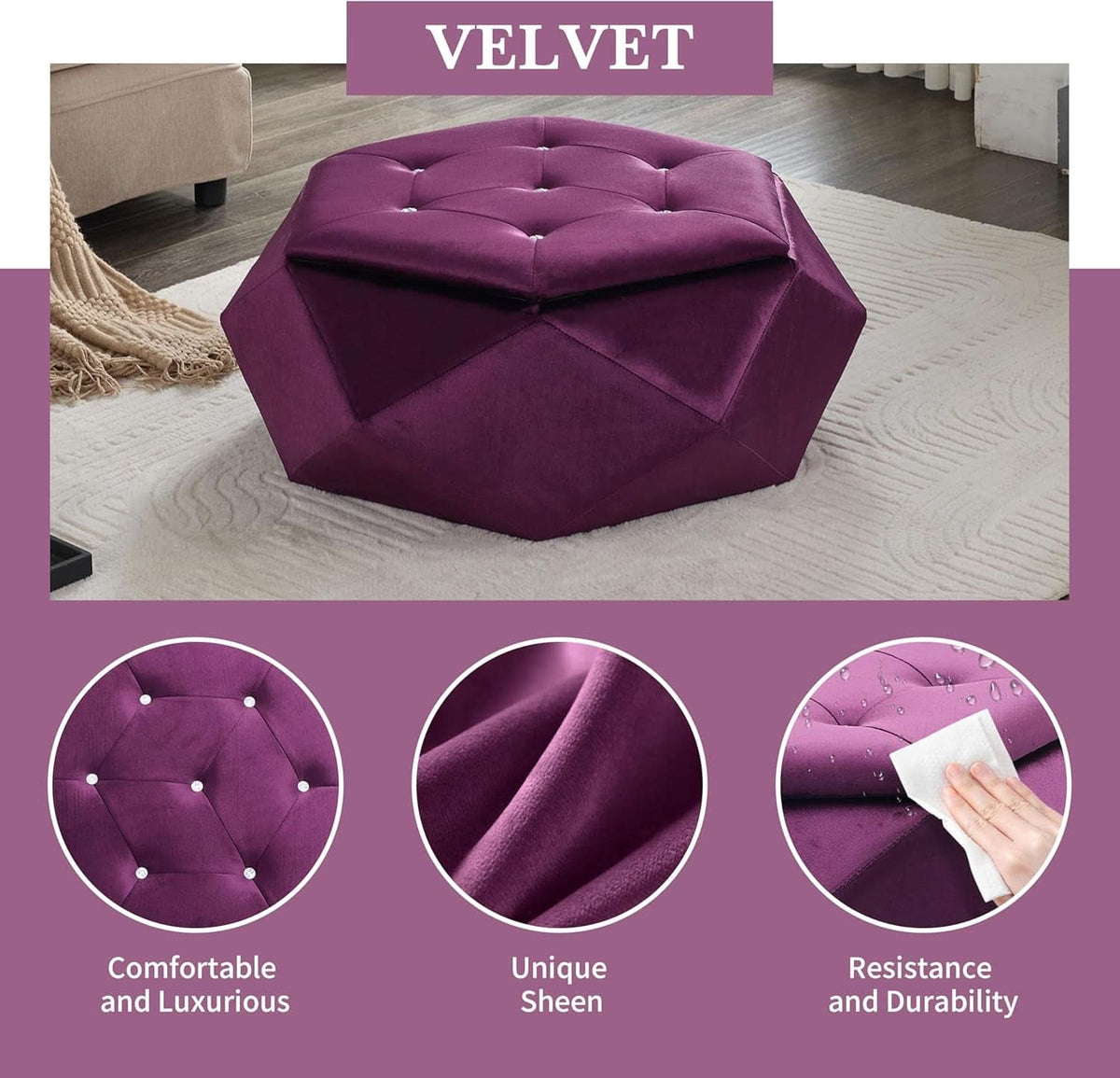 Purple Velvet Storage Ottoman With Hidden Compartment