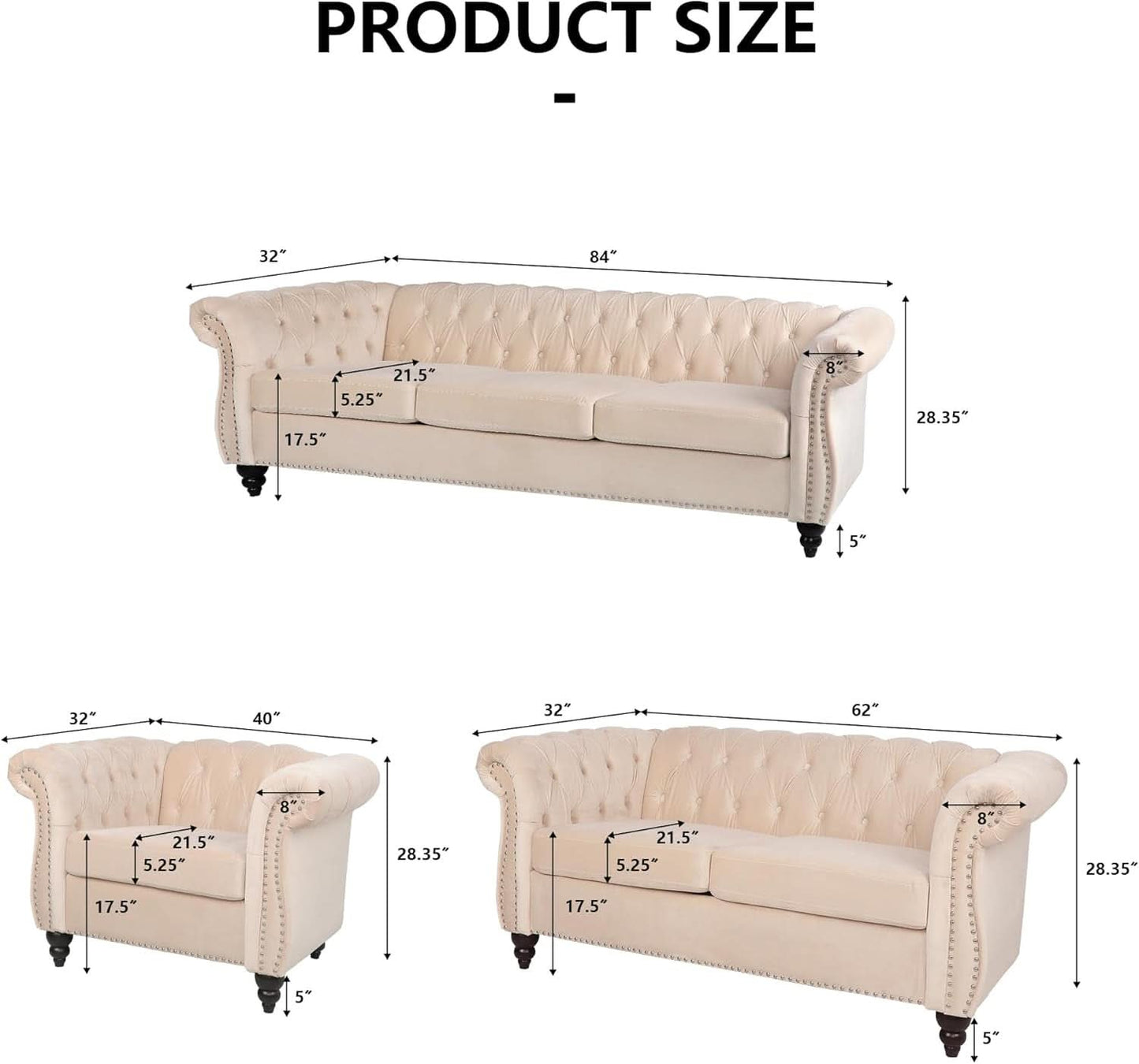Three Piece Velvet Chesterfield Living Room Sofa Set Beige With Club Chair And Loveseat-1