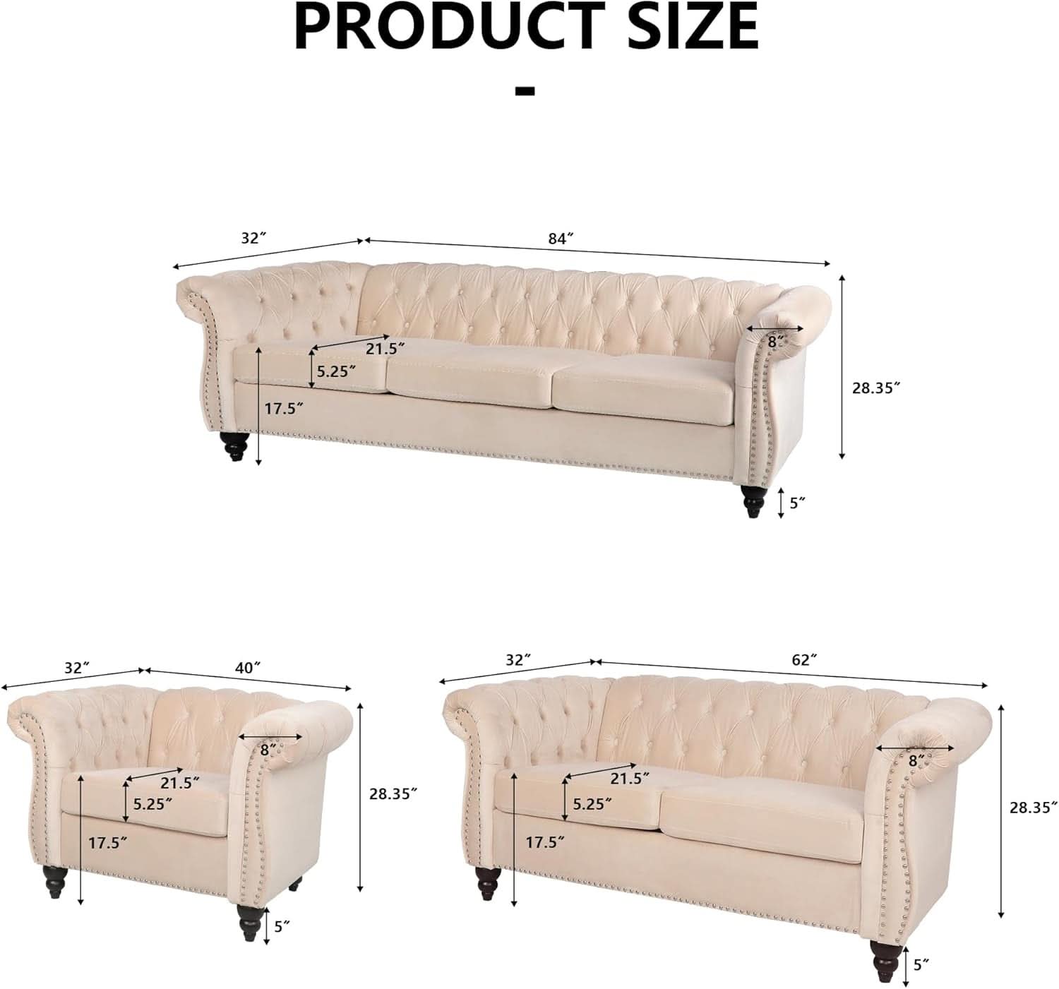 Three Piece Velvet Chesterfield Living Room Sofa Set Beige With Club Chair And Loveseat-1