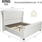 King Size Platform Bed Frame, Chenille Upholstered Sleigh Bed with Scroll Wingback Headboard & Footboard/Button Tufted/No Box Spring Required/Cream