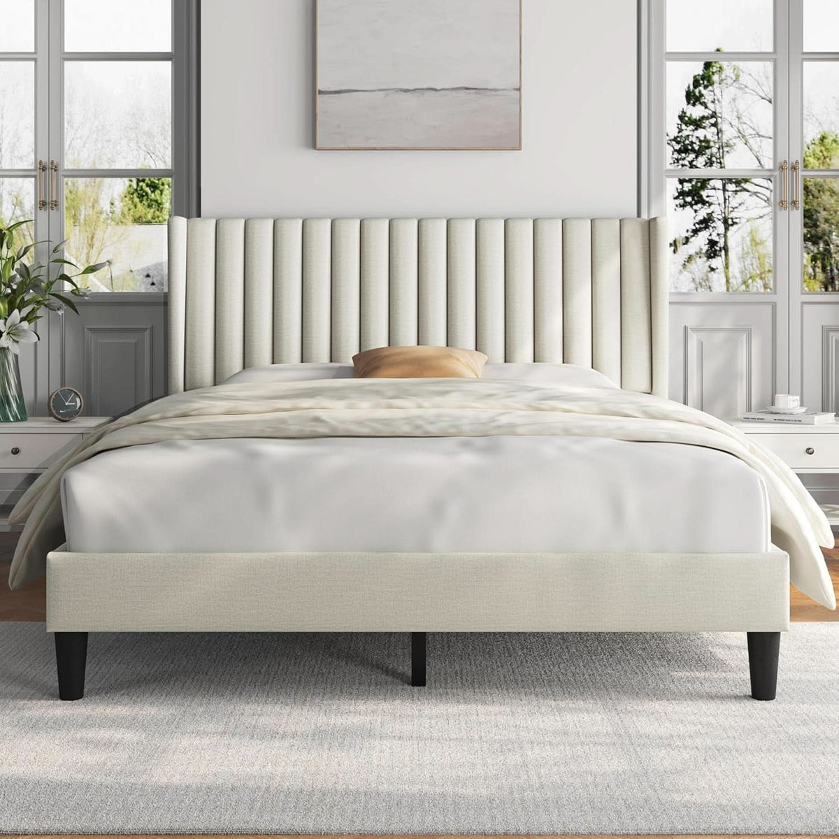 Queen Upholstered Platform Bed With Beige Headboard
