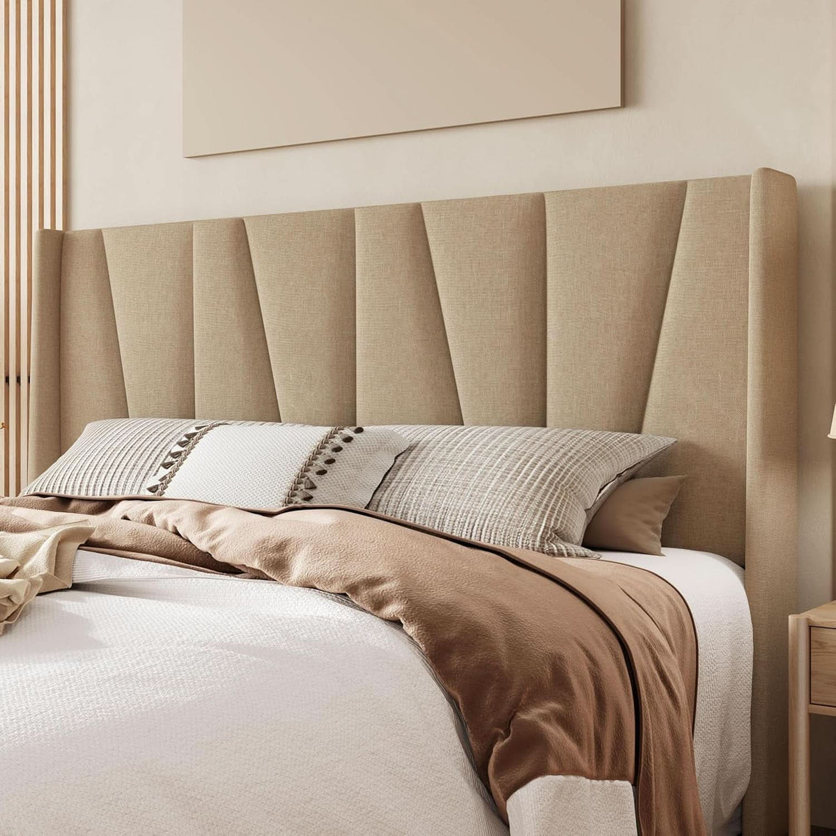 King Size Upholstered Bed Frame Beige Geometric Headboard