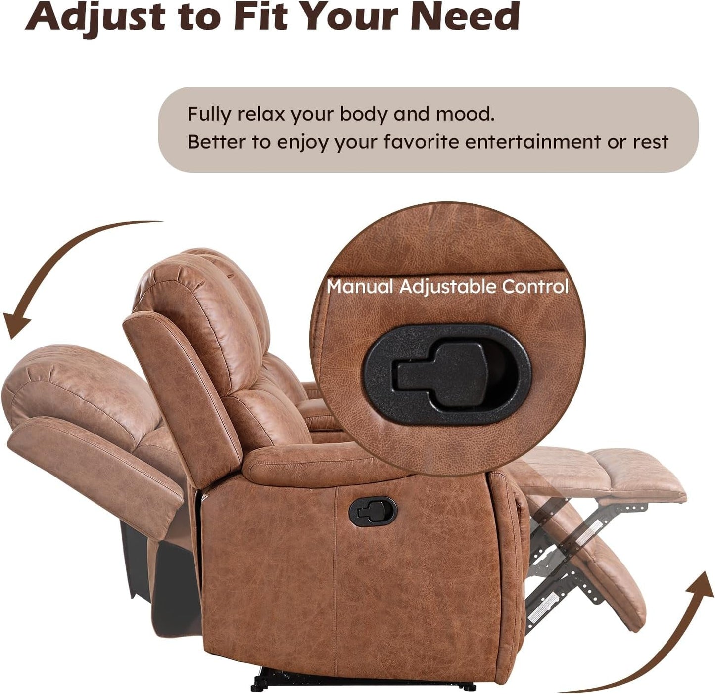 Brown Faux Leather Manual Reclining Overstuffed Sofa
