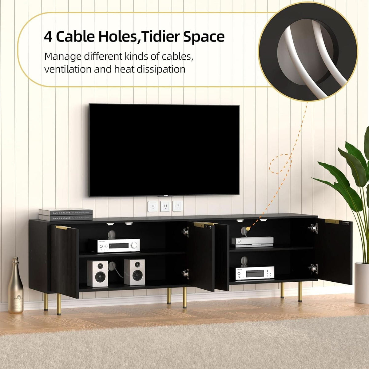 Black Fluted Mid Century Modern TV Entertainment Center With Storage
