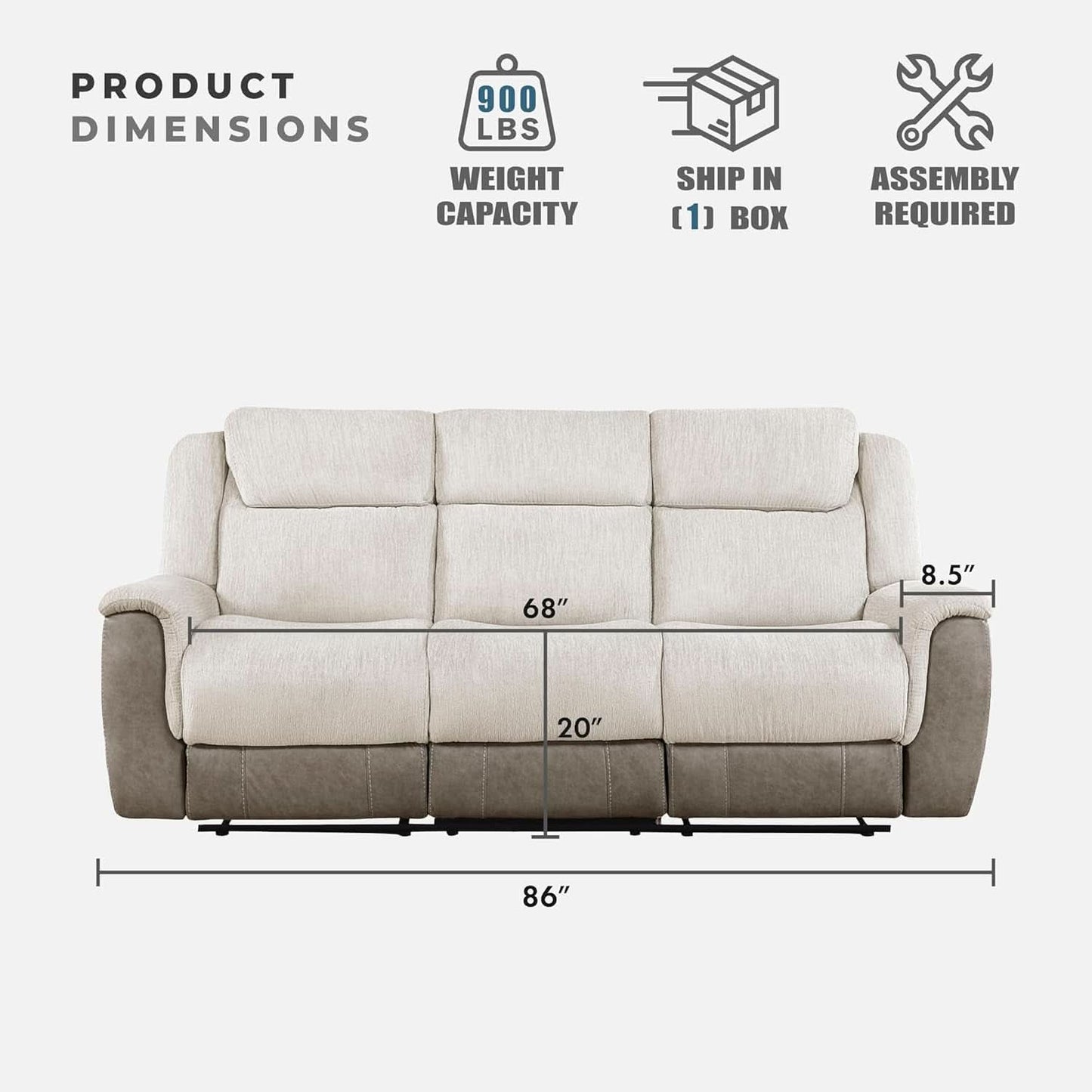 Two Tone Beige Chenille Upholstered Reclining Sofa