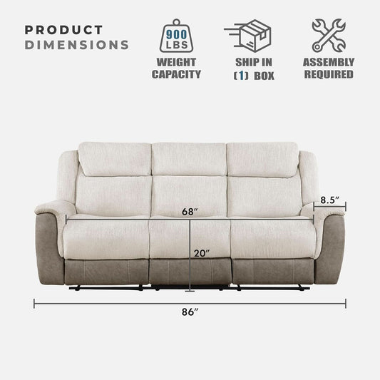 Two Tone Beige Chenille Upholstered Reclining Sofa